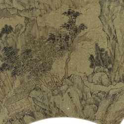 湖、山、夏の家の人物のいる風景の詳細、1540年頃のインクと金の紙の色